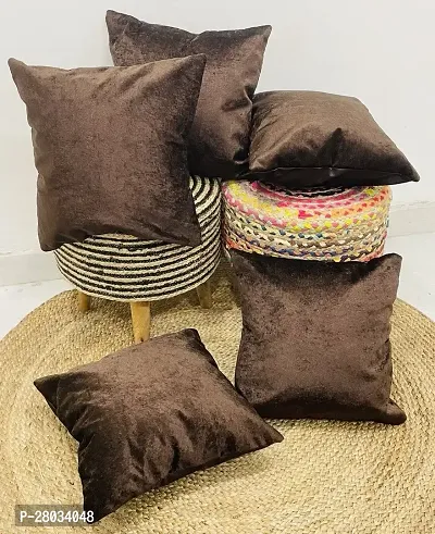 WEAVERLY Plain Velvet Cushion Covers, 16 x 16 Inch, Brown Color with Zipper, Pack of 5-thumb0
