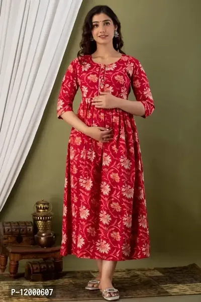 Womens Floral Printed Cotton Maternity Anarkali Kurti Gown for Women-thumb0