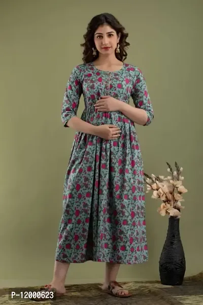 Womens Floral Printed Cotton Maternity Anarkali Kurti Gown for Women-thumb0