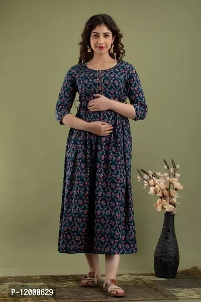 Womens Floral Printed Cotton Maternity Anarkali Kurti Gown for Women