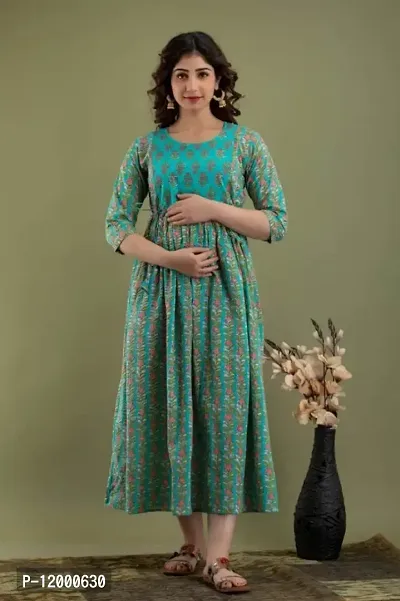 Womens Floral Printed Cotton Maternity Anarkali Kurti Gown for Women-thumb0