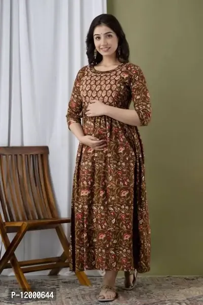 Womens Floral Printed Cotton Maternity Anarkali Kurti Gown for Women-thumb0