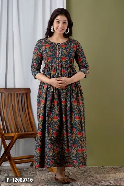 Womens Floral Printed Cotton Maternity Anarkali Kurti Gown for Women