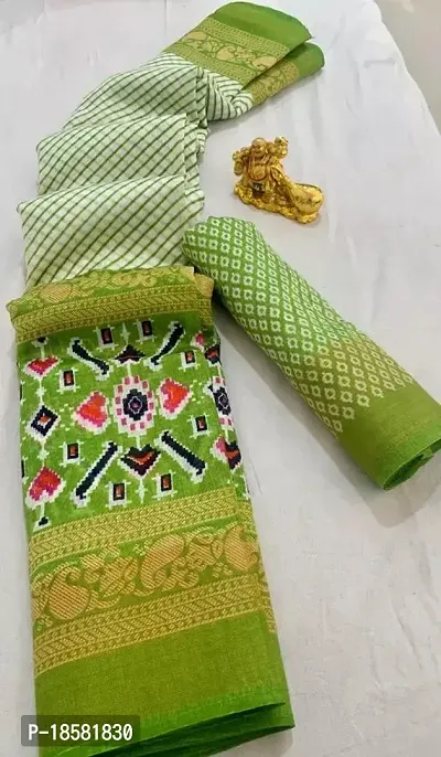 Stylish Green Cotton Blend Saree With Blouse Piece For Women