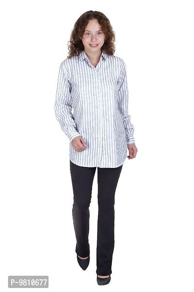 Grey Striped Long Casual Shirts for Women-thumb0