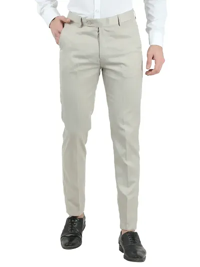 Stylish Beige Polycotton Solid Easy Wash Trousers For Men