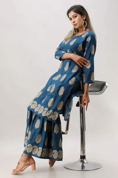 Festive Wear Printed Rayon Kurta With Sharara