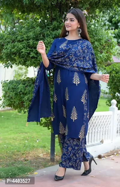 Rayon Printed Straight Kurta With Palazzo And Dupatta Set