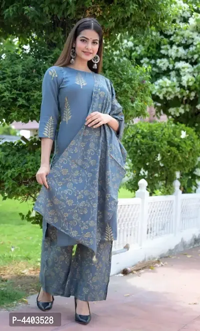 Rayon Printed Straight Kurta With Palazzo And Dupatta Set-thumb0