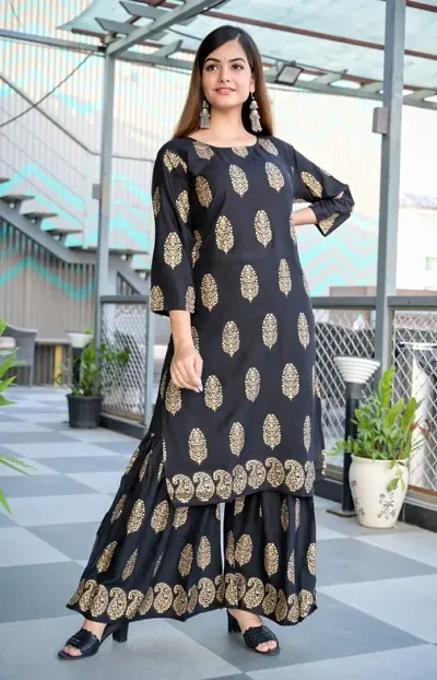 Rayon Printed Straight Kurta With Sharara