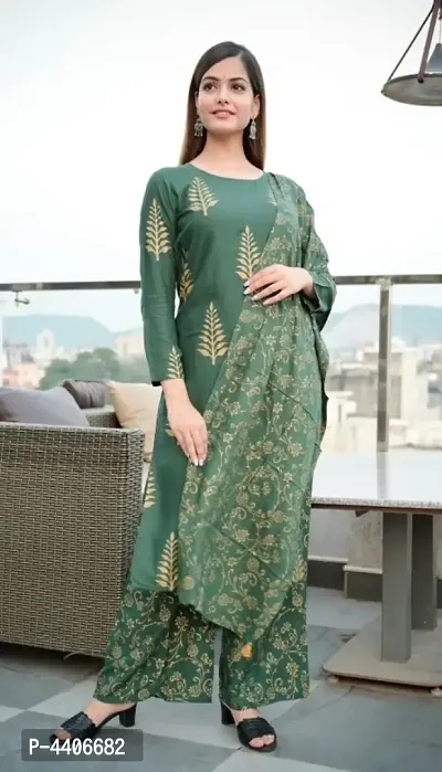 Stylish Rayon Printed Kurta With Palazzo With Dupatta Set-thumb0