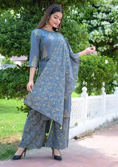 Stylish Rayon Kurta With Palazzo With Dupatta Set