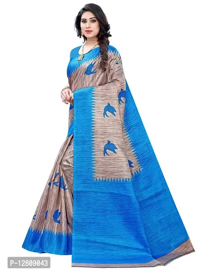 Cornflower Blue Printed Linen Saree With Floral Bird Pattern | Singhania's