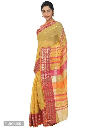 Bengal Handloom Cotton Saree with Leaf Motif Embroidery Work in Yellow –  Bengal Looms India