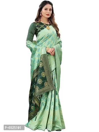 Pista Green Bandhani Saree With Zari Detail And Unstitched Blouse Piece