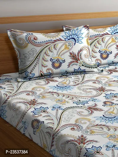 White Floral TC Cotton Blend King Size Bedsheet with 2 Pillow Covers-thumb3