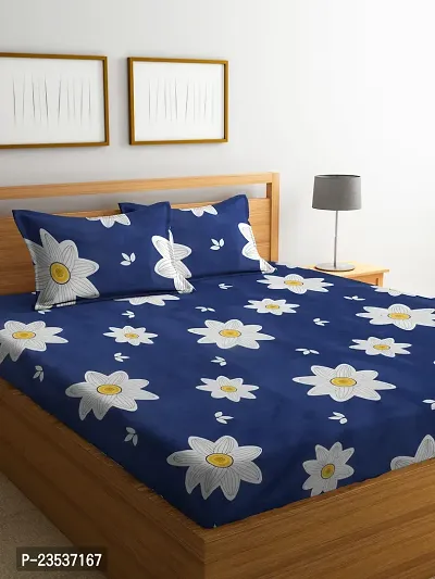 Blue Floral TC Cotton Blend King Size Bedsheet with 2 Pillow Covers