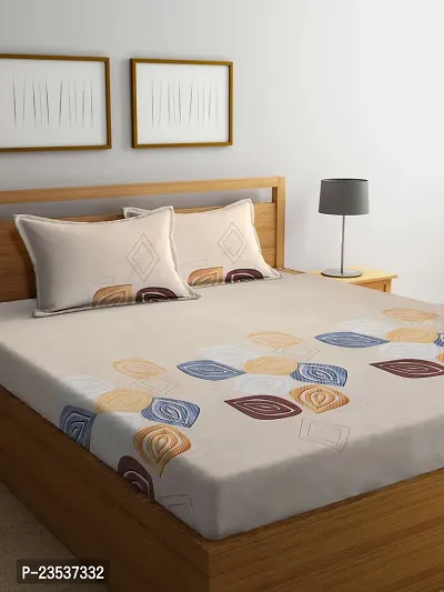 Cream Leaf TC Cotton Blend King Size Bedsheet with 2 Pillow Covers