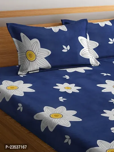 Blue Floral TC Cotton Blend King Size Bedsheet with 2 Pillow Covers-thumb3