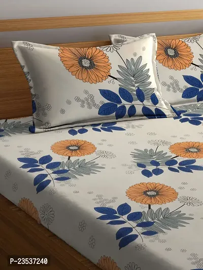 Cream Floral TC Cotton Blend King Size Bedsheet with 2 Pillow Covers-thumb3