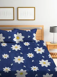 Blue Floral TC Cotton Blend King Size Bedsheet with 2 Pillow Covers-thumb1