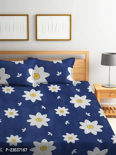 Blue Floral TC Cotton Blend King Size Bedsheet with 2 Pillow Covers-thumb2