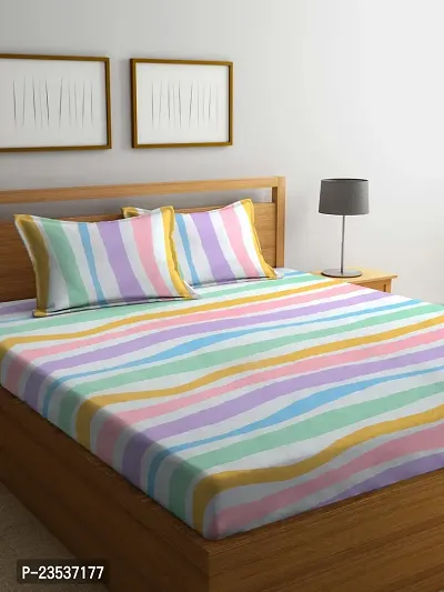 Multi Stripes TC Cotton Blend King Size Bedsheet with 2 Pillow Covers