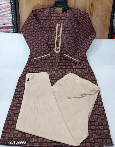 A-Line Brown Printed Cotton Kurta Bottom Set For Women-thumb0