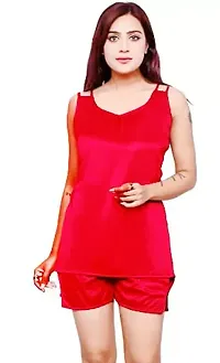 Satin Women  Girls Nightsuits Nightdress|Women Night Dress|Top  Shorts Pajama Red Free Size(28 to 36) Inch-thumb1