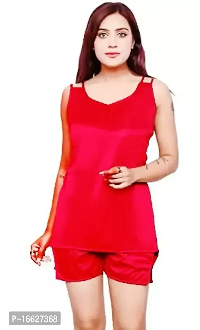 Satin Women  Girls Nightsuits Nightdress|Women Night Dress|Top  Shorts Pajama Red Free Size(28 to 36) Inch-thumb2