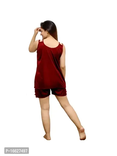 Satin Hot Night Sexy Women Night Suit| Women Baby Doll Night Dress|Women Nightdress|Sleepwear Maroon Girls Top  Shorts Pyjama Free Size(28 to 36) Inch-thumb2