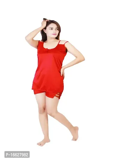 Trendy Women's  Girls Satin Night Suit Top and Pajama Set Red Free Size (28 to 36) Inch
