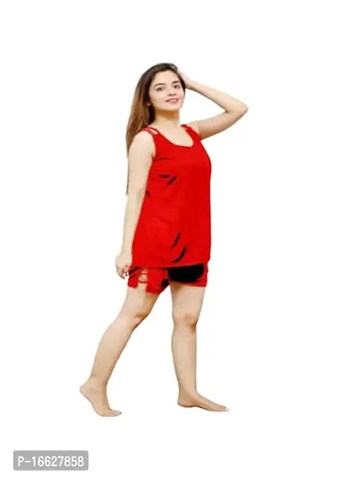 Galsmaky Stylish Fashionable Women  Girls Nightsuits Nightdress|Top  Shorts Pyjama Red Free Size (28 to 36) Inch