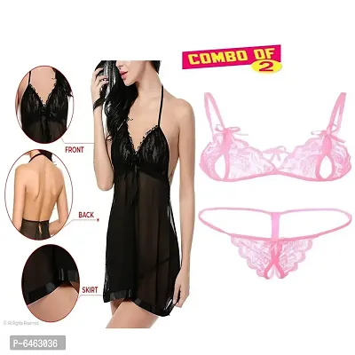 Combo Offer Hot Sexy Night dress with Lingerie bra panty Combo Pack Offer Black,Pink