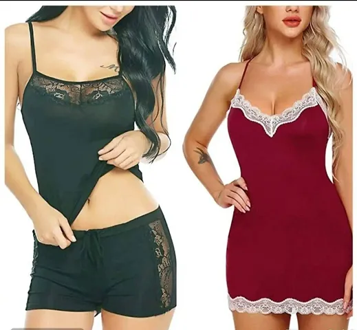 Women Sexy Solid above knee length BabyDoll short mini dress Soft Net perfect for every hot night with stylish set for every hot night sexy nighty for Women Combo Offer and