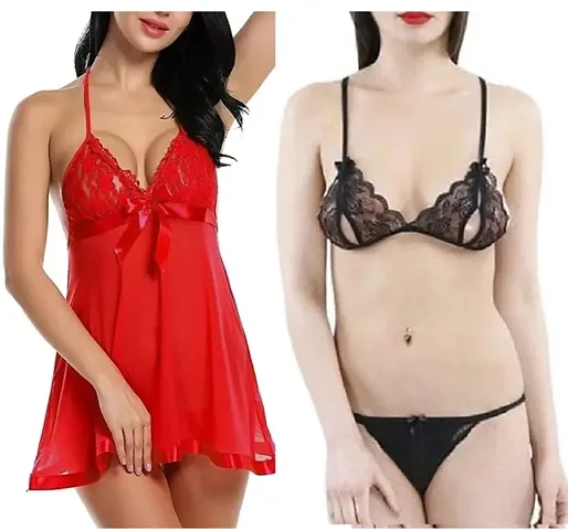 Hot stylish solid babydoll Nightwear Bra And Panty Combo Set