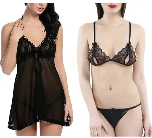 Hot stylish solid babydoll Nightwear Bra And Panty Combo Set