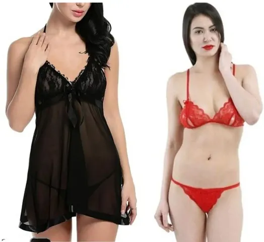 Women Babydoll Nightwear Lingerie with Panty (Combo Set)