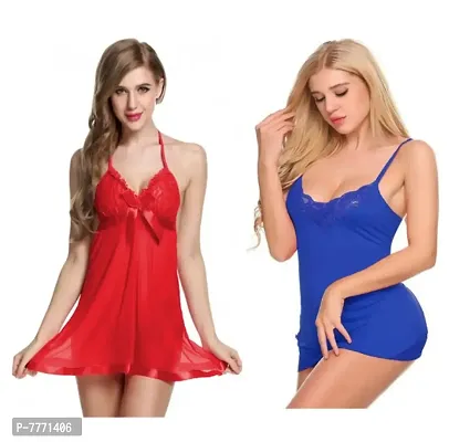 Hot Latest Stylis Sexy Baby Doll Night Dress Nighty Night wear Sleepwear Combo Set Blue  Red