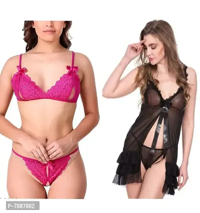 Women Babydoll Nightwear Lingerie with Panty woman sexy dress| sexy night dress| first night sexy dress Combo Set