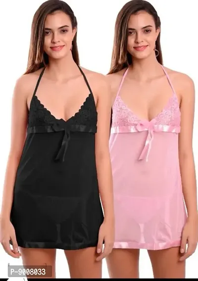 Trendy Fashionable Women Sexy Baby Doll Night Wear Dress Nightsuits Combo Set