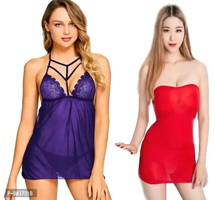 Trendy Fashionable Women Sexy Baby Doll Night Wear Dress Nightsuits Combo Set-thumb0