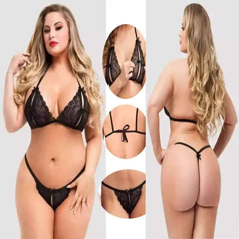 Classic Net Solid Bra Panty Set for Women