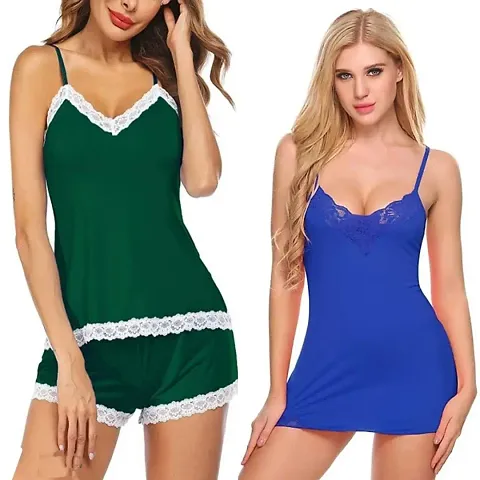 Trendy Fashionable Women Sexy Baby Doll Night Wear Dress Nightsuits Combo Set