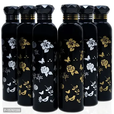 HOMIZE Flower Printed Black Water Bottle for Fridge, for Home, Office, Gym  School Boy 1000 ml Bottle (Pack of 6, Black, Multicolor, Plastic)