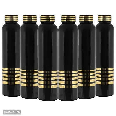 HOMIZE Golden Strip Design Black Plastic Water Bottles for Fridge, Office, School, Gym, Black Color, 6 Piece Set