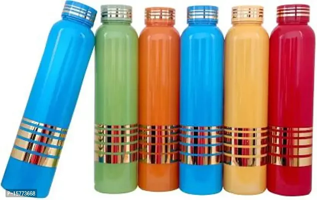 HOMIZE Water Bottle for Fridge, Home, Office Gym School Boy, Unbreakable 1000 ml Bottle (Pack of 6, Pink, Multi color, Plastic) (Crystal Multicolor Golden lining Bottle)-thumb0