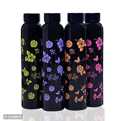 HOMIZE Flower Printed Black Water Bottle for Fridge, for Home, Office, Gym  School Boy 1000 ml Bottle (Pack of 4, Black, Multicolor, Plastic)-thumb0