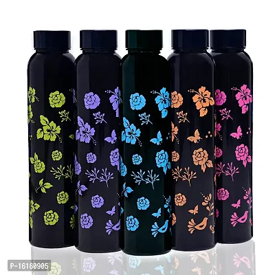 HOMIZE Flower Printed Black Water Bottle for Fridge, for Home, Office, Gym  School Boy 1000 ml Bottle (Pack of 5, Black, Multicolor, Plastic)-thumb0
