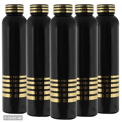 Golden Strip Design Black Plastic Water Bottles For Fridge Office School Gym Black Color 5 Piece Set-thumb0